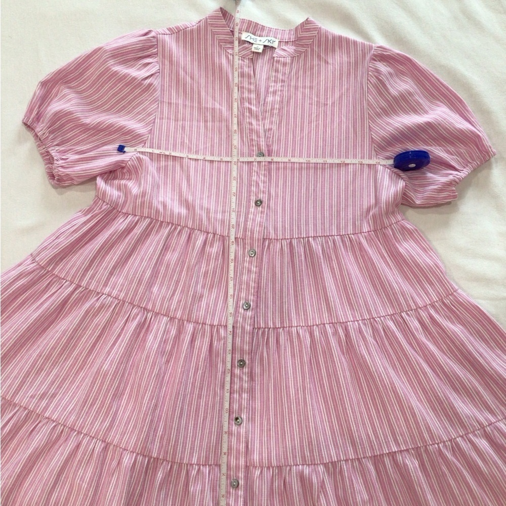 She + Sky Pink & White Stripe Puff Sleeve Mini Sundress Size Small V Neckline - Picture 12 of 12